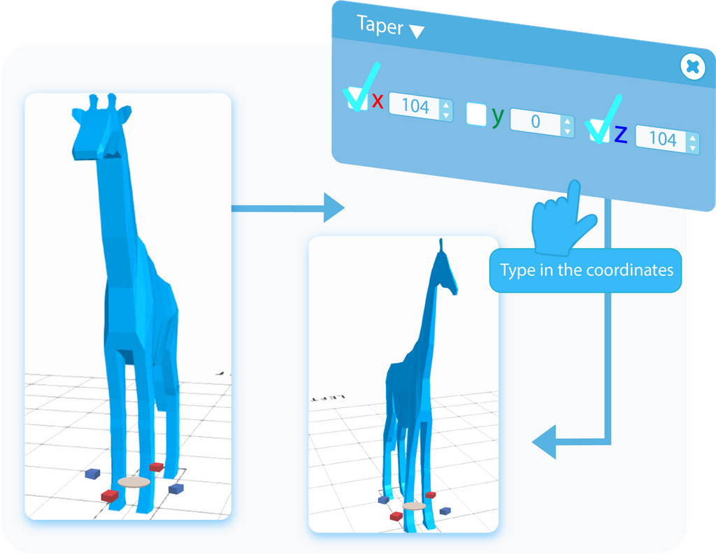 Taper the selected object by typing in the values into text-boxes